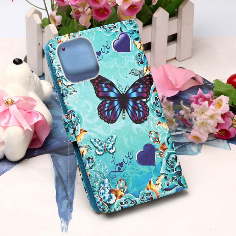 Pattern Printing with Wallet Leather Cover for iPhone 12 Pro/12 - Blue Butterfly-7
