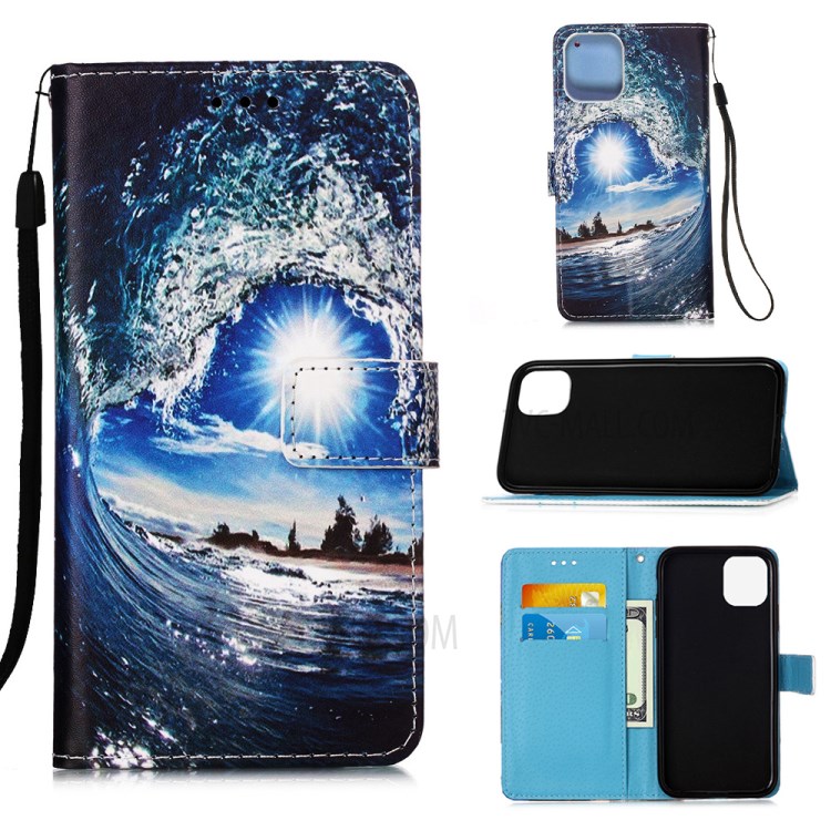 Pattern Printing with Wallet Leather Cover for iPhone 12 Pro/12 - Sea Wave-1