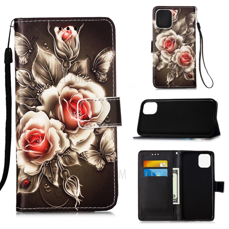 Pattern Printing with Wallet Leather Cover for iPhone 12 Pro/12 - Flower-1