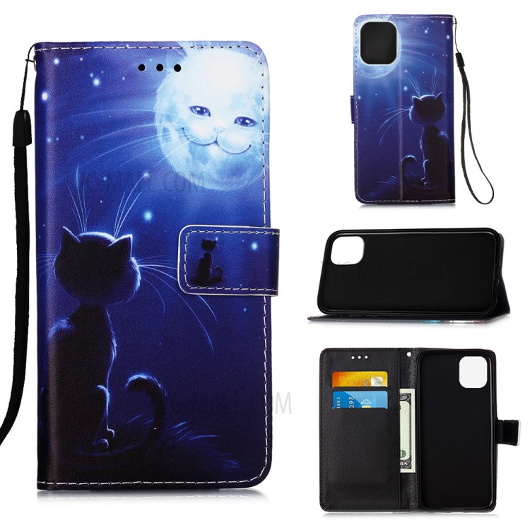 Pattern Printing Stylish Leather Case for iPhone 12 Pro Max 6.7 inch - Cat and Moon-1