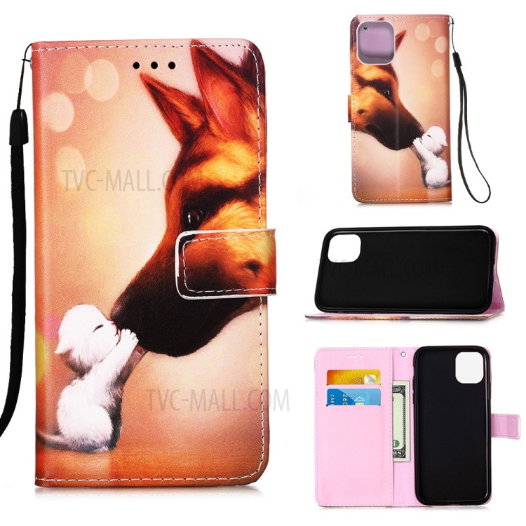 Leather Shell Style Printing Wallet Stand Case with Lanyard for iPhone 12 5.4 inch - Fox-1