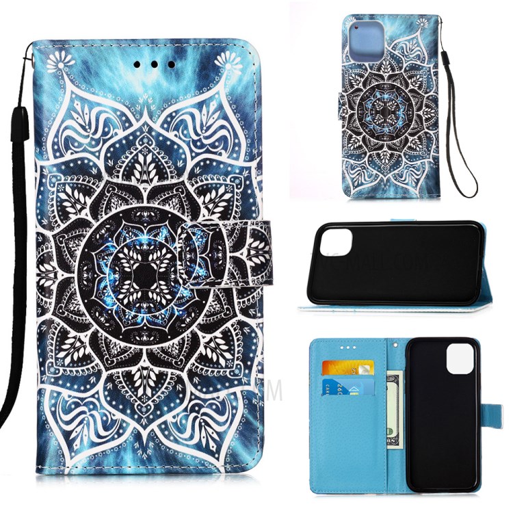 Leather Shell Style Printing Wallet Stand Case with Lanyard for iPhone 12 mini - Mandala Flower-1