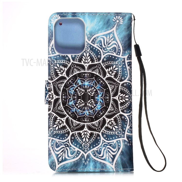 Leather Shell Style Printing Wallet Stand Case with Lanyard for iPhone 12 mini - Mandala Flower-3