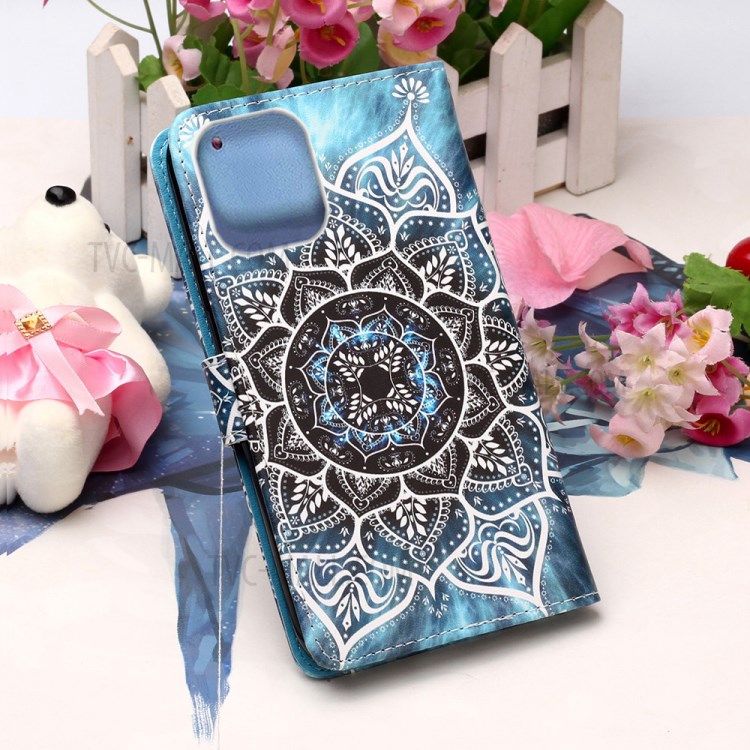 Leather Shell Style Printing Wallet Stand Case with Lanyard for iPhone 12 mini - Mandala Flower-7