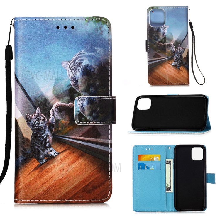 Leather Shell Style Printing Wallet Stand Case with Lanyard for iPhone 12 mini - Cat/Tiger-1