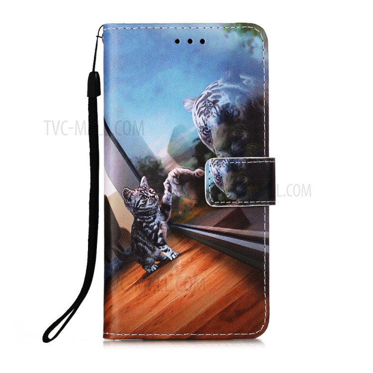 Leather Shell Style Printing Wallet Stand Case with Lanyard for iPhone 12 mini - Cat/Tiger-2