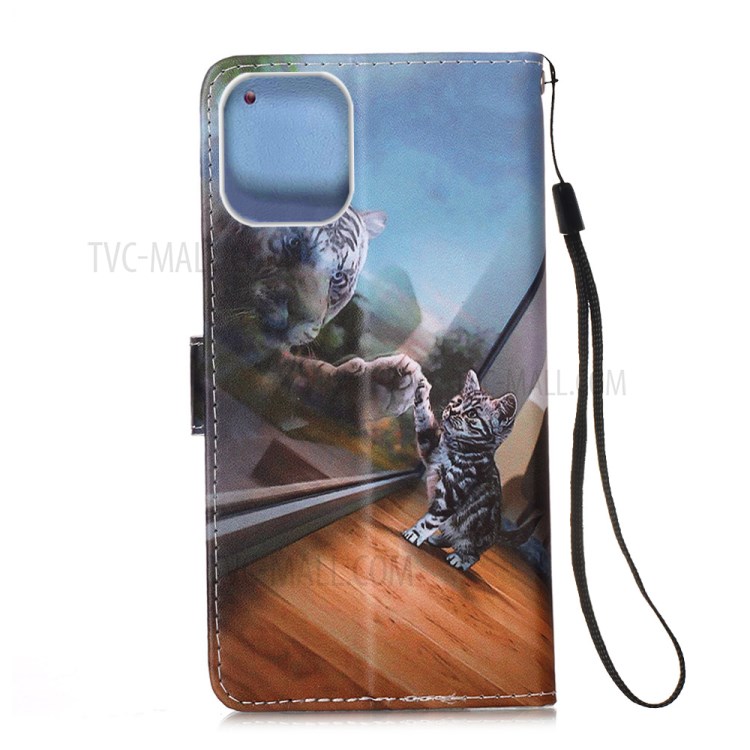 Leather Shell Style Printing Wallet Stand Case with Lanyard for iPhone 12 mini - Cat/Tiger-3