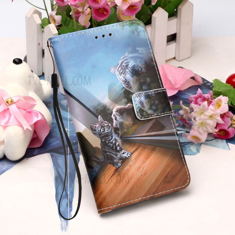 Leather Shell Style Printing Wallet Stand Case with Lanyard for iPhone 12 mini - Cat/Tiger-6
