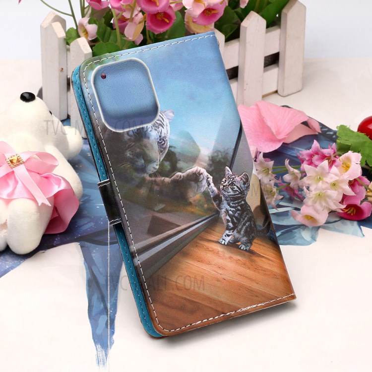 Leather Shell Style Printing Wallet Stand Case with Lanyard for iPhone 12 mini - Cat/Tiger-7