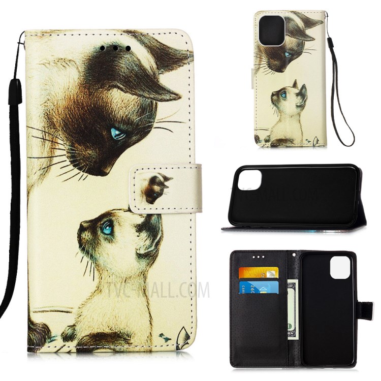Leather Shell Style Printing Wallet Stand Case with Lanyard for iPhone 12 mini - Cats-1