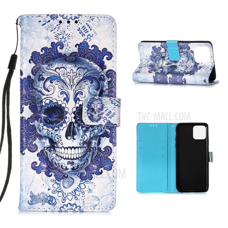 Pattern Printing PU Leather Cover Wallet Phone Case with Strap for iPhone 12 mini - Flowered Skull-1