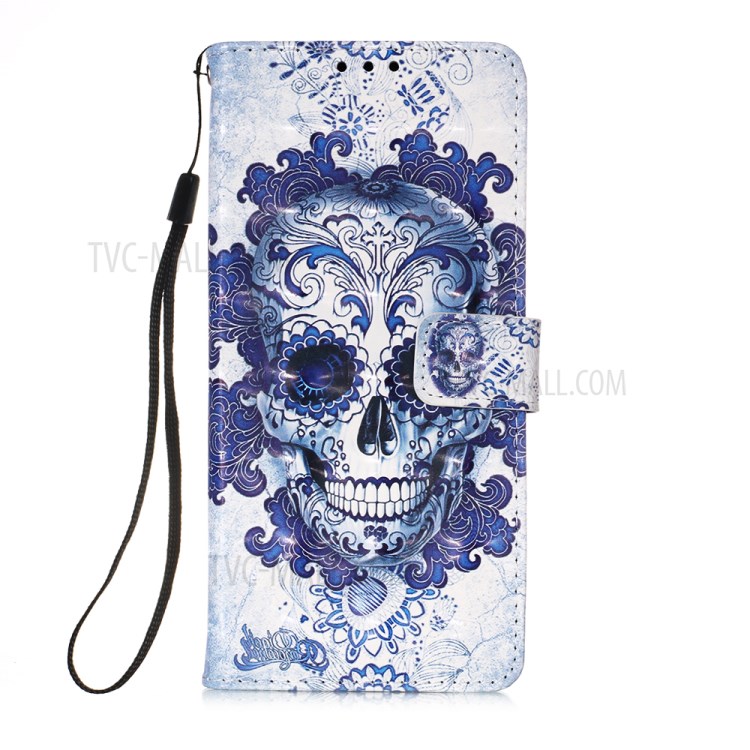Pattern Printing PU Leather Cover Wallet Phone Case with Strap for iPhone 12 mini - Flowered Skull-2