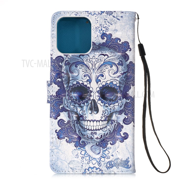 Pattern Printing PU Leather Cover Wallet Phone Case with Strap for iPhone 12 mini - Flowered Skull-3