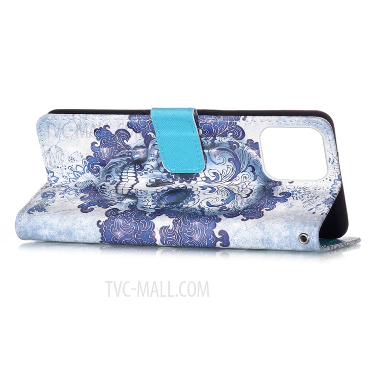 Pattern Printing PU Leather Cover Wallet Phone Case with Strap for iPhone 12 mini - Flowered Skull-5