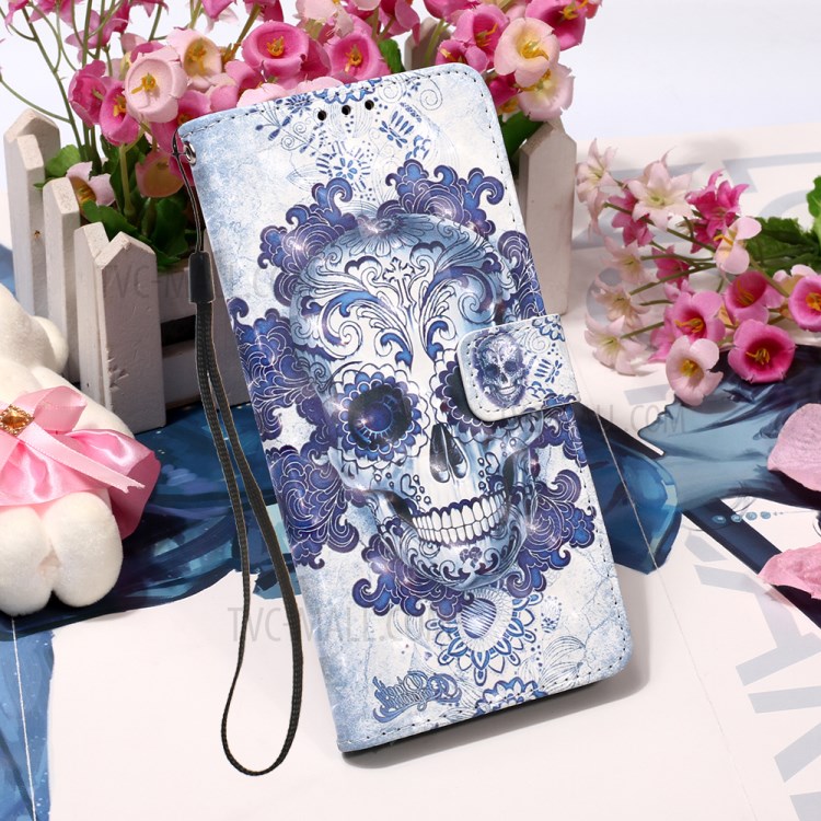 Pattern Printing PU Leather Cover Wallet Phone Case with Strap for iPhone 12 mini - Flowered Skull-7