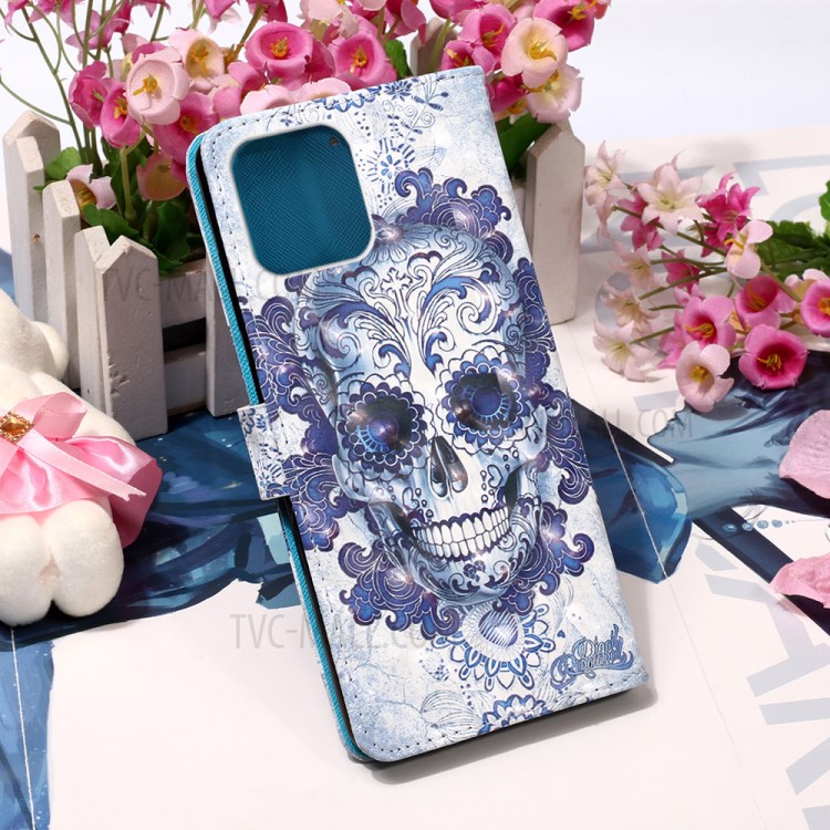 Pattern Printing PU Leather Cover Wallet Phone Case with Strap for iPhone 12 mini - Flowered Skull-8