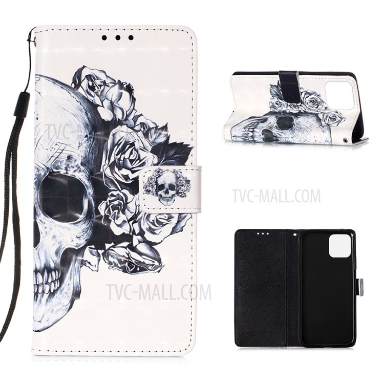 Pattern Printing PU Leather Cover Wallet Phone Case with Strap for iPhone 12 mini - Rose/Skull-1