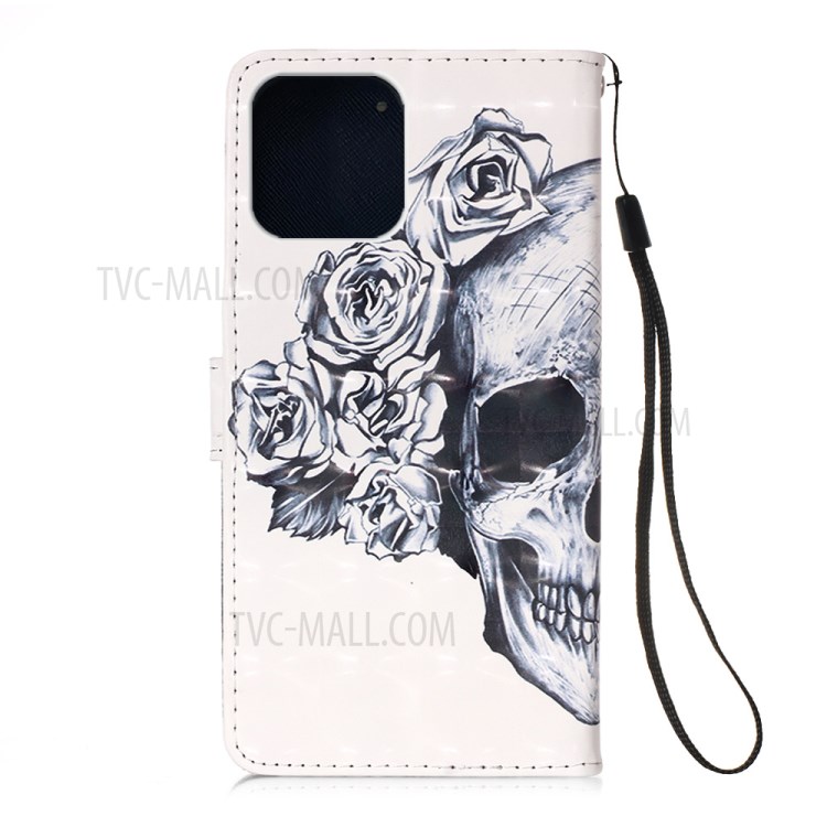 Pattern Printing PU Leather Cover Wallet Phone Case with Strap for iPhone 12 mini - Rose/Skull-3