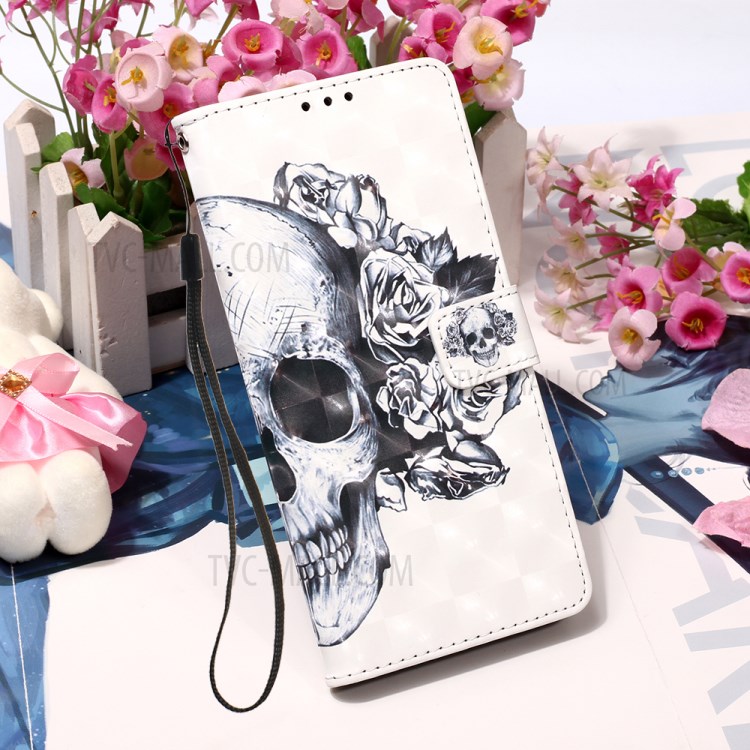 Pattern Printing PU Leather Cover Wallet Phone Case with Strap for iPhone 12 mini - Rose/Skull-7