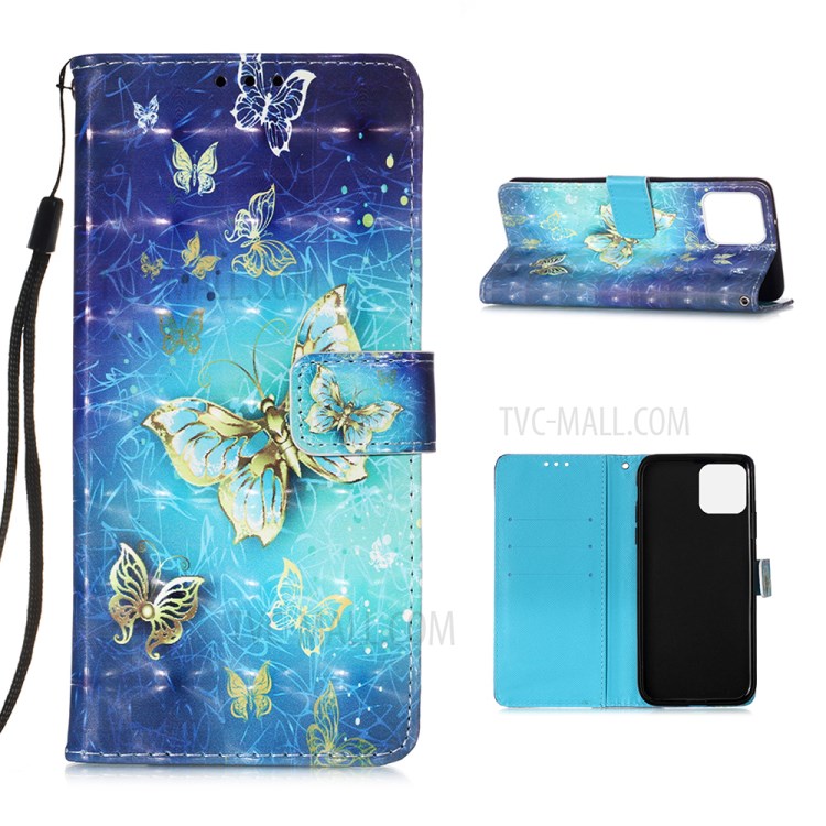 Pattern Printing PU Leather Cover Wallet Cell Phone Case with Strap for iPhone 12 Pro/12 - Butterfly Pattern-1