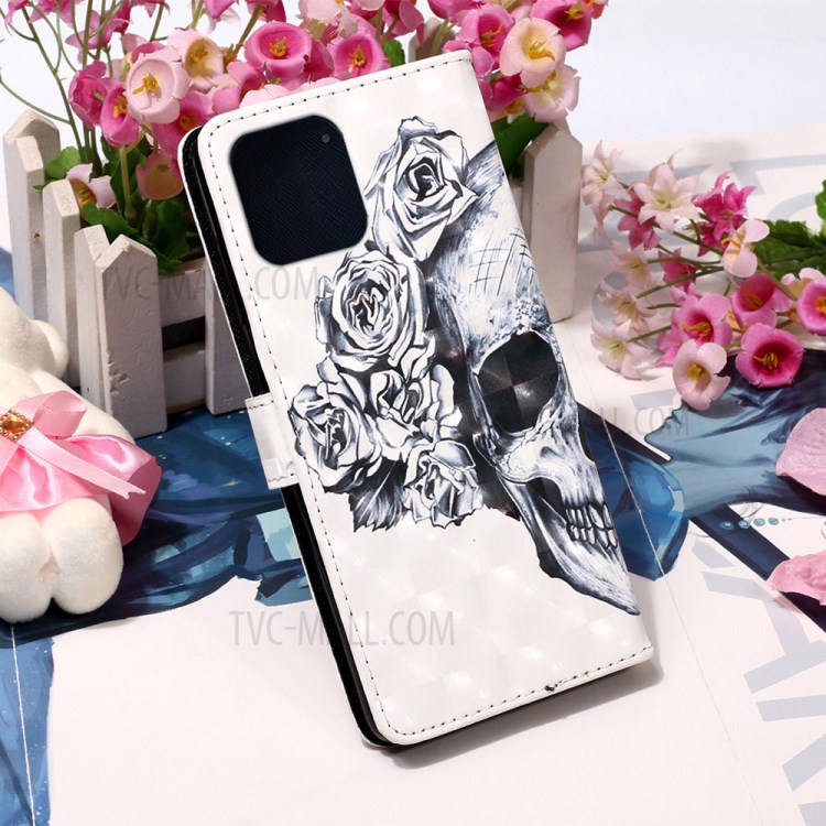 Pattern Printing PU Leather Cover Wallet Cell Phone Case with Strap for iPhone 12 Pro/12 - Rose/Skull-8