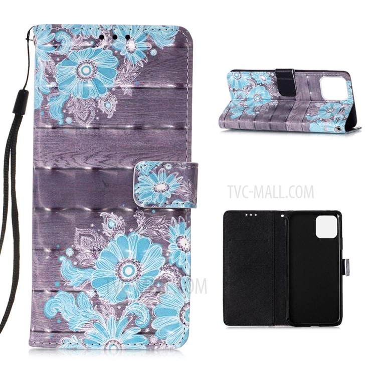 Patterned PU Leather Cover Wallet Cell Phone Case with Lanyard for iPhone 12 Pro Max 6.7 inch - Blue Flower-1