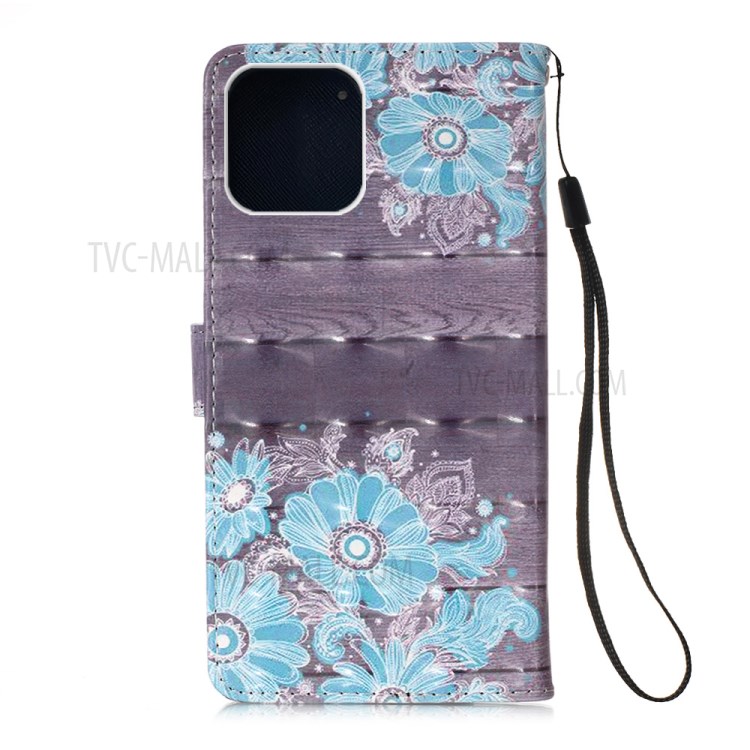 Patterned PU Leather Cover Wallet Cell Phone Case with Lanyard for iPhone 12 Pro Max 6.7 inch - Blue Flower-3