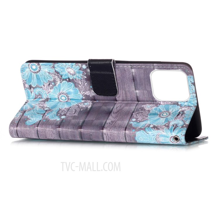Patterned PU Leather Cover Wallet Cell Phone Case with Lanyard for iPhone 12 Pro Max 6.7 inch - Blue Flower-5