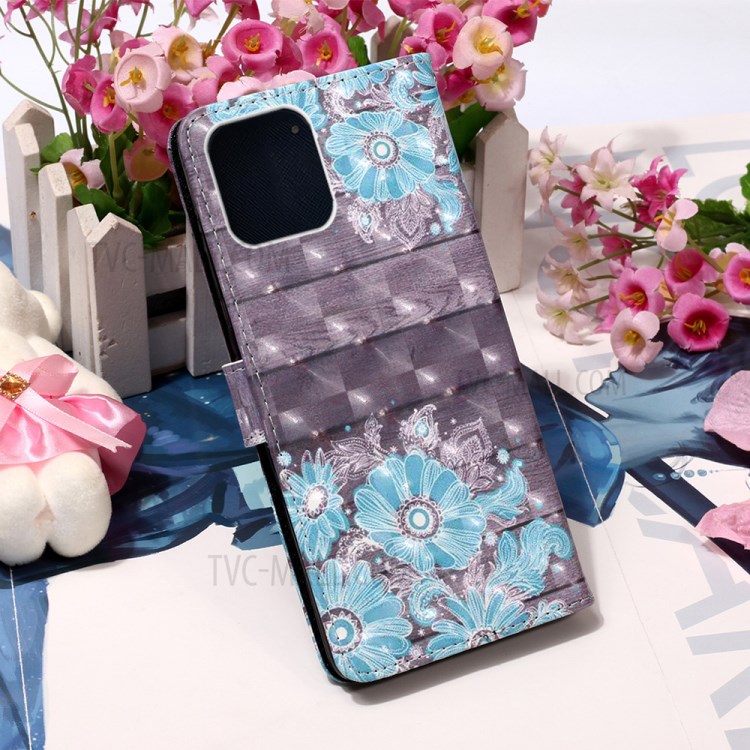Patterned PU Leather Cover Wallet Cell Phone Case with Lanyard for iPhone 12 Pro Max 6.7 inch - Blue Flower-8