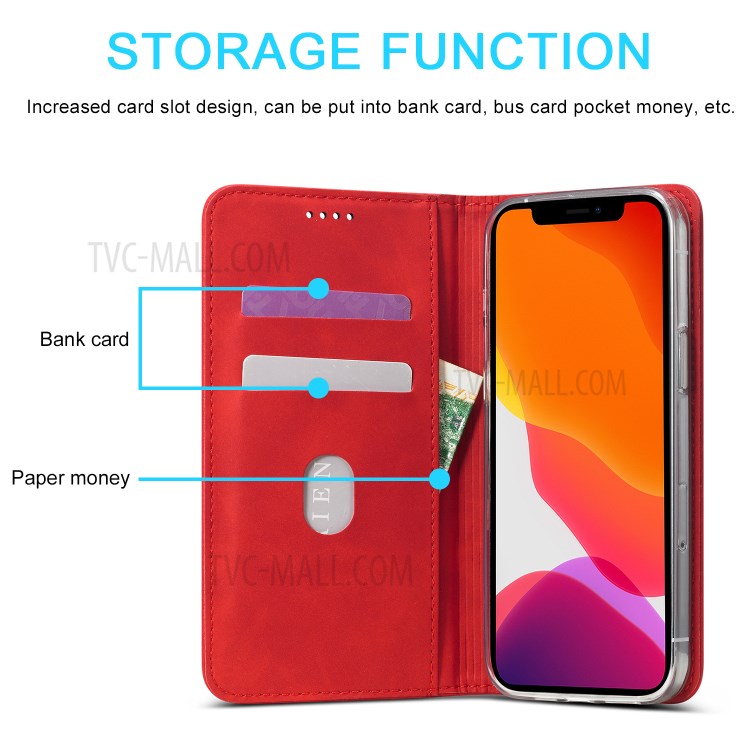 Lc. Imeeke LC-002 Série PU en Cuir Protector Wallet Stand Cover Pour Iphone 12 Pro Max 6,7 Pouces - Rouge-12