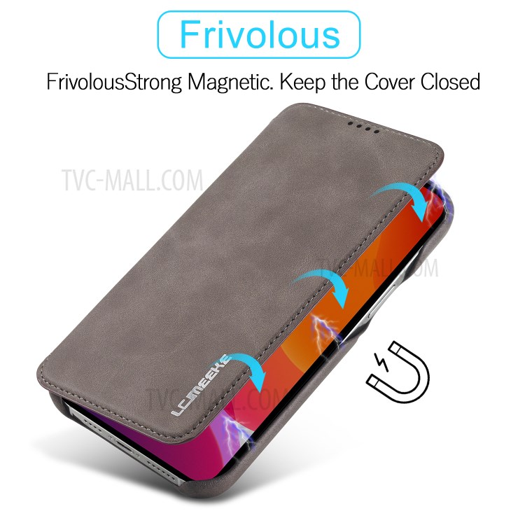 LC.IMEEKE Retro Style Protector Stand Leather Case with Card Holder for iPhone 12 Pro Max 6.7 inch - Grey-5