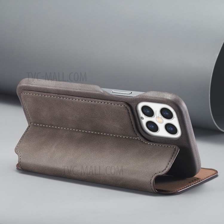 LC.IMEEKE Retro Style Protector Stand Leather Case with Card Holder for iPhone 12 Pro Max 6.7 inch - Grey-9