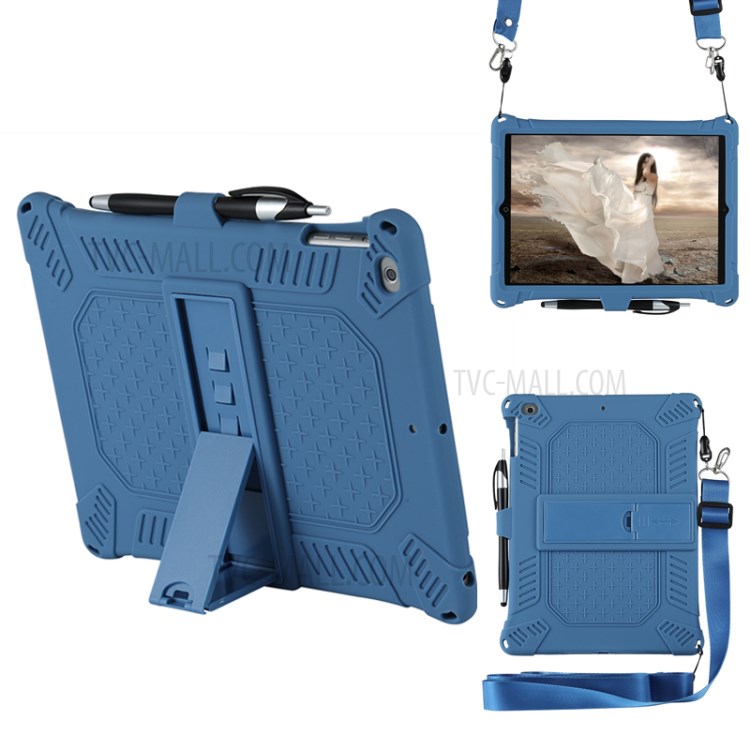 Silicone Tablet Cover with PC Kickstand with Shoulder Strap for iPad 9.7-inch (2018)/(2017)/iPad Air (2013) - Dark Blue-1