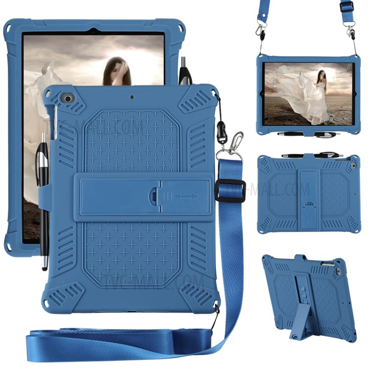 Silicone Tablet Cover with PC Kickstand with Shoulder Strap for iPad 9.7-inch (2018)/(2017)/iPad Air (2013) - Dark Blue-2