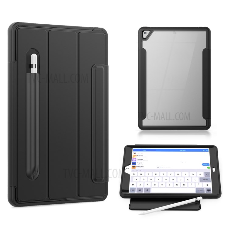 PU Leather+Acrylic+PC+TPU Tablet Tri-fold Cover for iPad 10.2 (2019) - All Black-1
