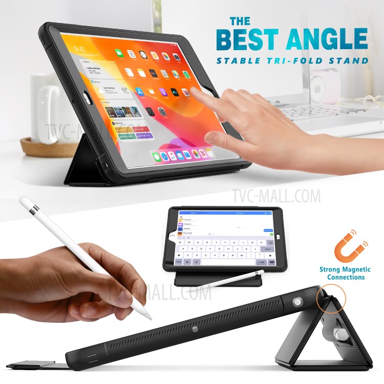 PU Leather+Acrylic+PC+TPU Tablet Tri-fold Cover for iPad 10.2 (2019) - All Black-3