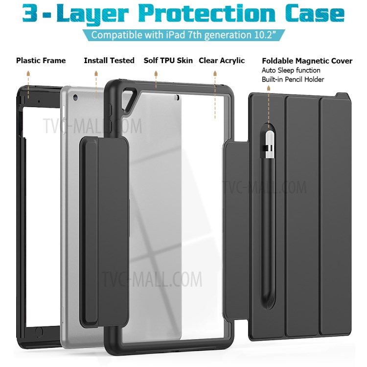 PU Leather+Acrylic+PC+TPU Tablet Tri-fold Cover for iPad 10.2 (2019) - All Black-4