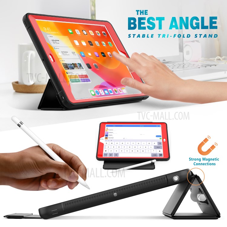 PU Leather+Acrylic+PC+TPU Tablet Tri-fold Cover for iPad 10.2 (2019) - Black/Red-3