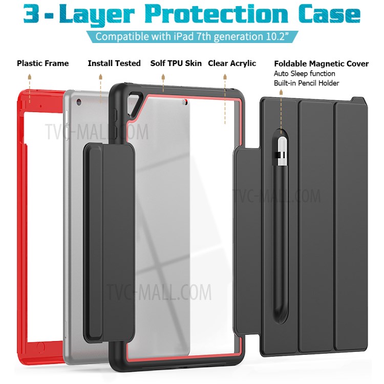 PU Leather+Acrylic+PC+TPU Tablet Tri-fold Cover for iPad 10.2 (2019) - Black/Red-4