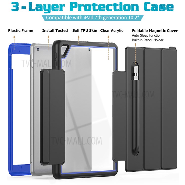 PU Leather+Acrylic+PC+TPU Tablet Tri-fold Cover for iPad 10.2 (2019) - Black/Dark Blue-4