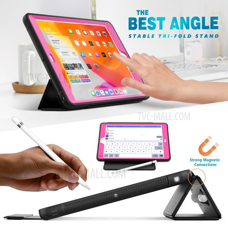 PU Leather+Acrylic+PC+TPU Tablet Tri-fold Cover for iPad 10.2 (2019) - Black/Rose-3