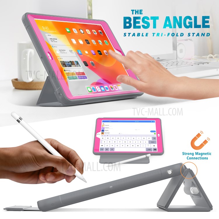 PU Leather+Acrylic+PC+TPU Tablet Tri-fold Cover for iPad 10.2 (2019) - Grey/Rose-3