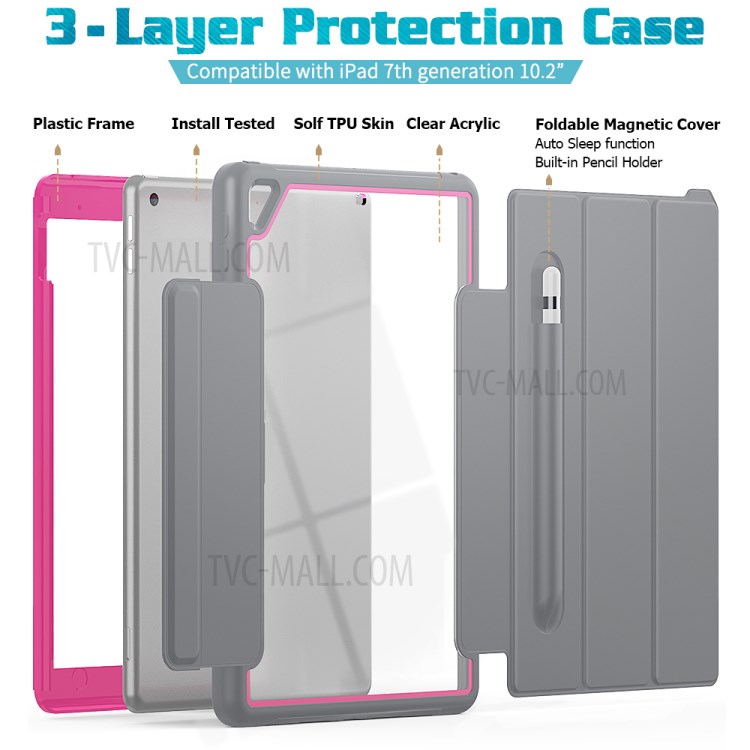 PU Leather+Acrylic+PC+TPU Tablet Tri-fold Cover for iPad 10.2 (2019) - Grey/Rose-4