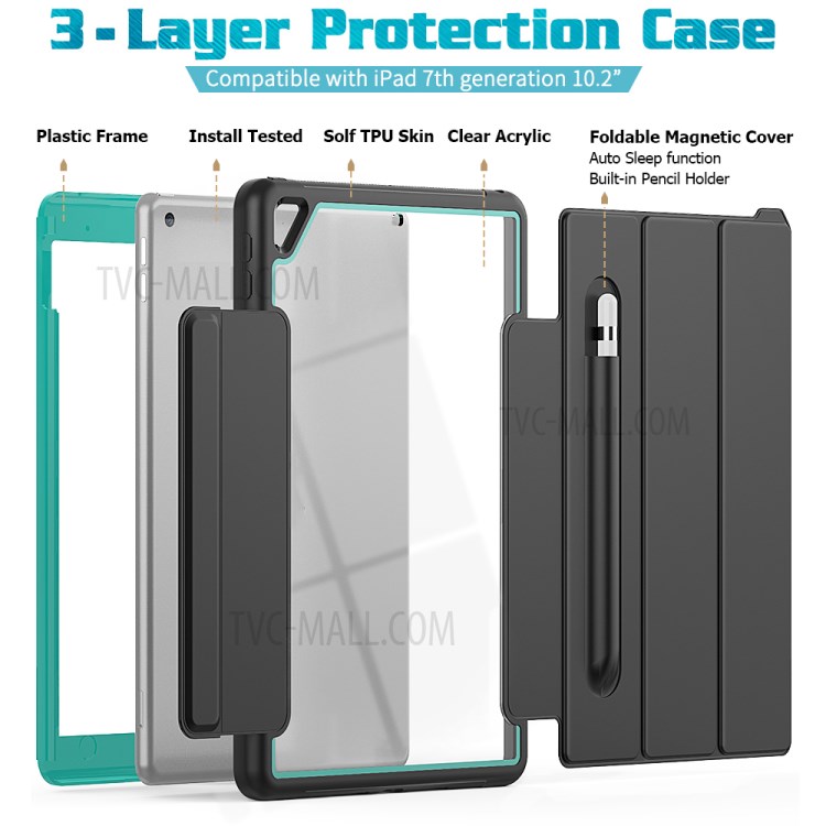 PU Leather+Acrylic+PC+TPU Tablet Tri-fold Cover for iPad 10.2 (2019) - Black/Baby Blue-4