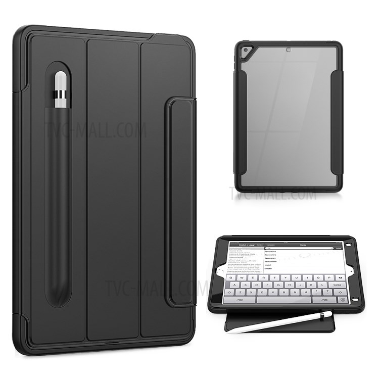 Tri-fold PU Leather+Acrylic+PC+TPU Tablet Unique Cover for iPad 9.7-inch (2018)/(2017)/iPad Air (2013) - All Black-1