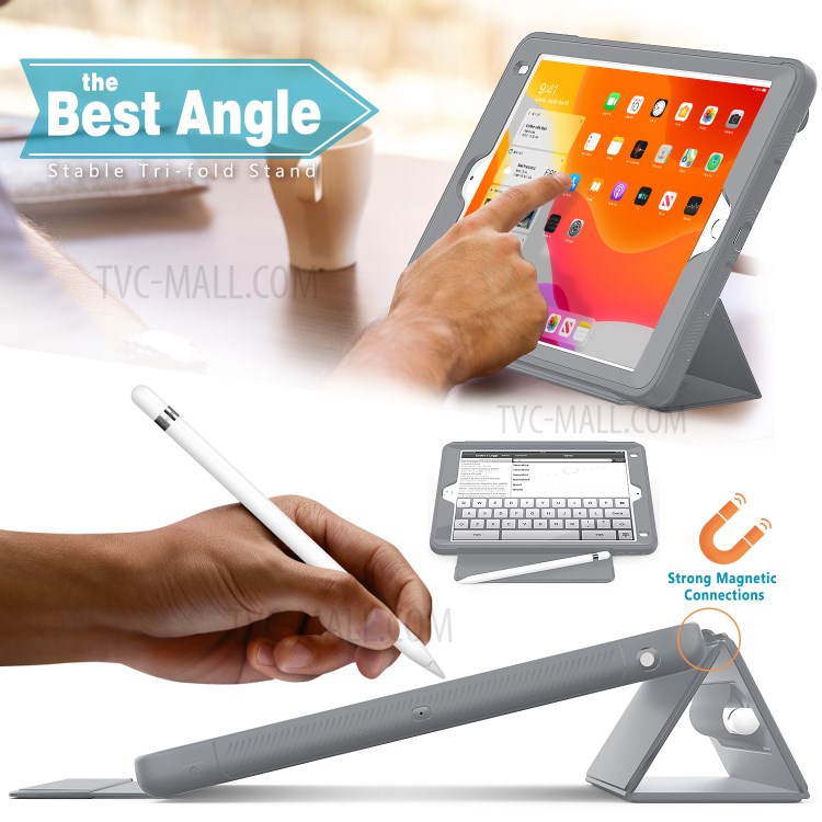 Tri-fold PU Leather+Acrylic+PC+TPU Tablet Unique Cover for iPad 9.7-inch (2018)/(2017)/iPad Air (2013) - Grey-3