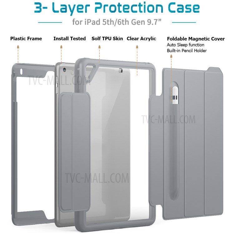 Tri-fold PU Leather+Acrylic+PC+TPU Tablet Unique Cover for iPad 9.7-inch (2018)/(2017)/iPad Air (2013) - Grey-4