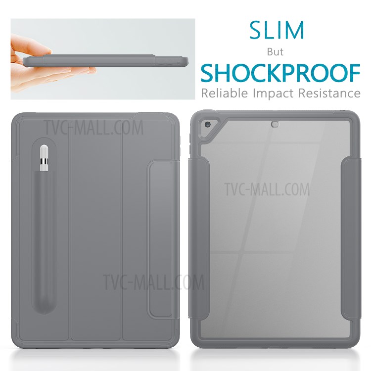Tri-fold PU Leather+Acrylic+PC+TPU Tablet Unique Cover for iPad 9.7-inch (2018)/(2017)/iPad Air (2013) - Grey-6