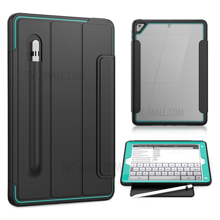 Tri-fold PU Leather+Acrylic+PC+TPU Tablet Unique Cover for iPad 9.7-inch (2018)/(2017)/iPad Air (2013) - Black/Baby Blue-1