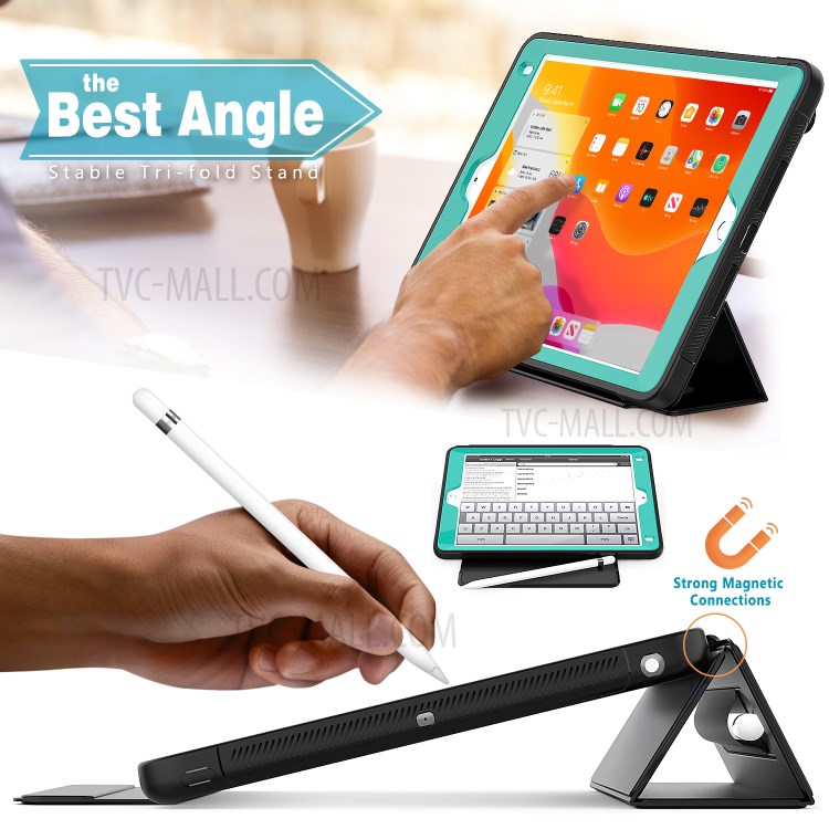 Tri-fold PU Leather+Acrylic+PC+TPU Tablet Unique Cover for iPad 9.7-inch (2018)/(2017)/iPad Air (2013) - Black/Baby Blue-3